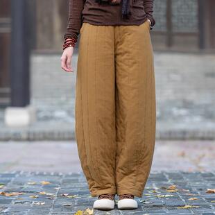 加棉棉裤 加厚夹棉保暖直筒长裤 绗缝竖格休闲裤 棉麻女装 女外穿 冬款