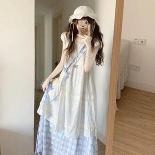 日系甜美可爱宽松白花边色连衣裙女学生夏新款蓝格纹半身裙两件套