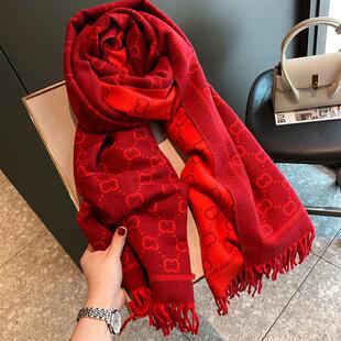 小香新年红色结婚双面仿羊绒围巾女冬季韩版百搭加厚保暖围脖披肩