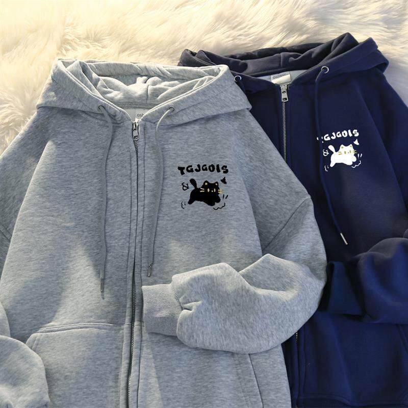 连帽卫衣女秋冬季2025新款加绒加厚oversize慵懒风宽松开衫外套潮