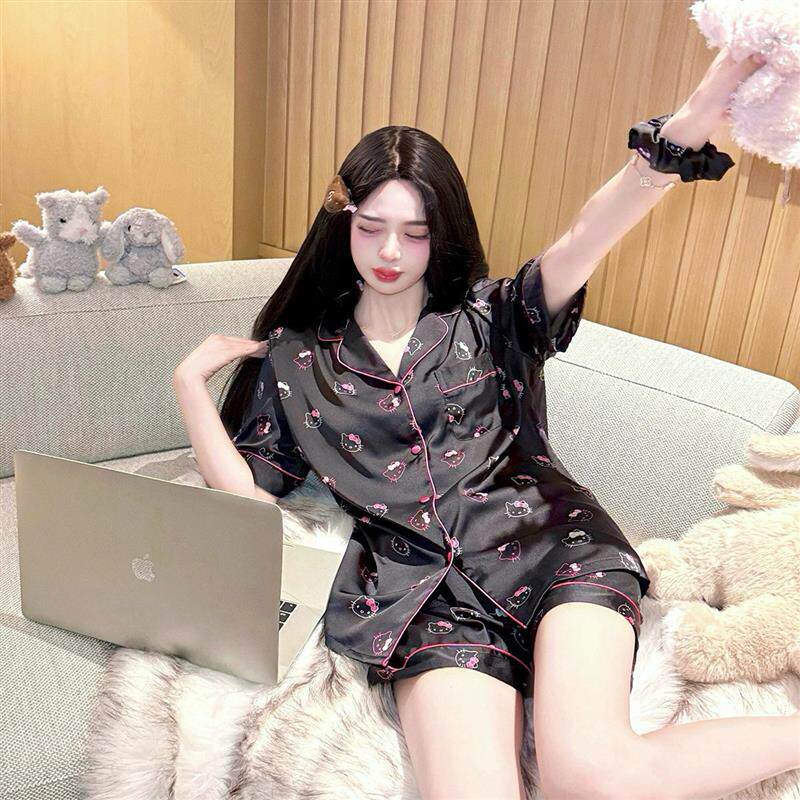 甜美凯蒂猫冰丝短袖睡衣三件套春夏可爱卡通少女家居服套装25新款