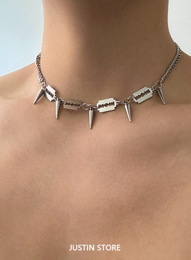 嘻哈风流苏铆钉刀片钛钢项链男