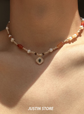 JUSTIN复古虎眼石珍珠项链