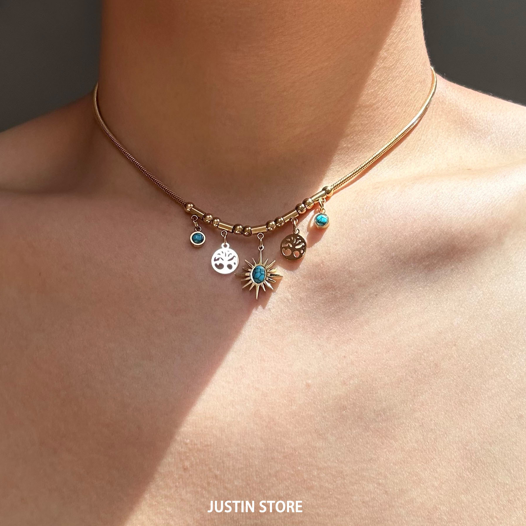 蓝松石vintage太阳花项链