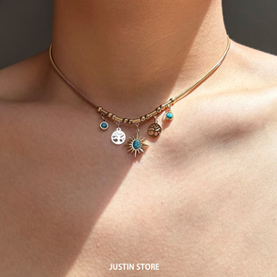蓝松石vintage太阳花项链男小众设计感2025年新款 饰品锁骨链