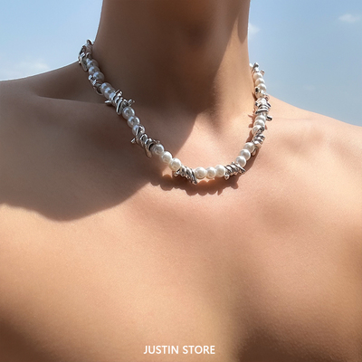 施家荆棘拼接珍珠项链男欧美嘻哈