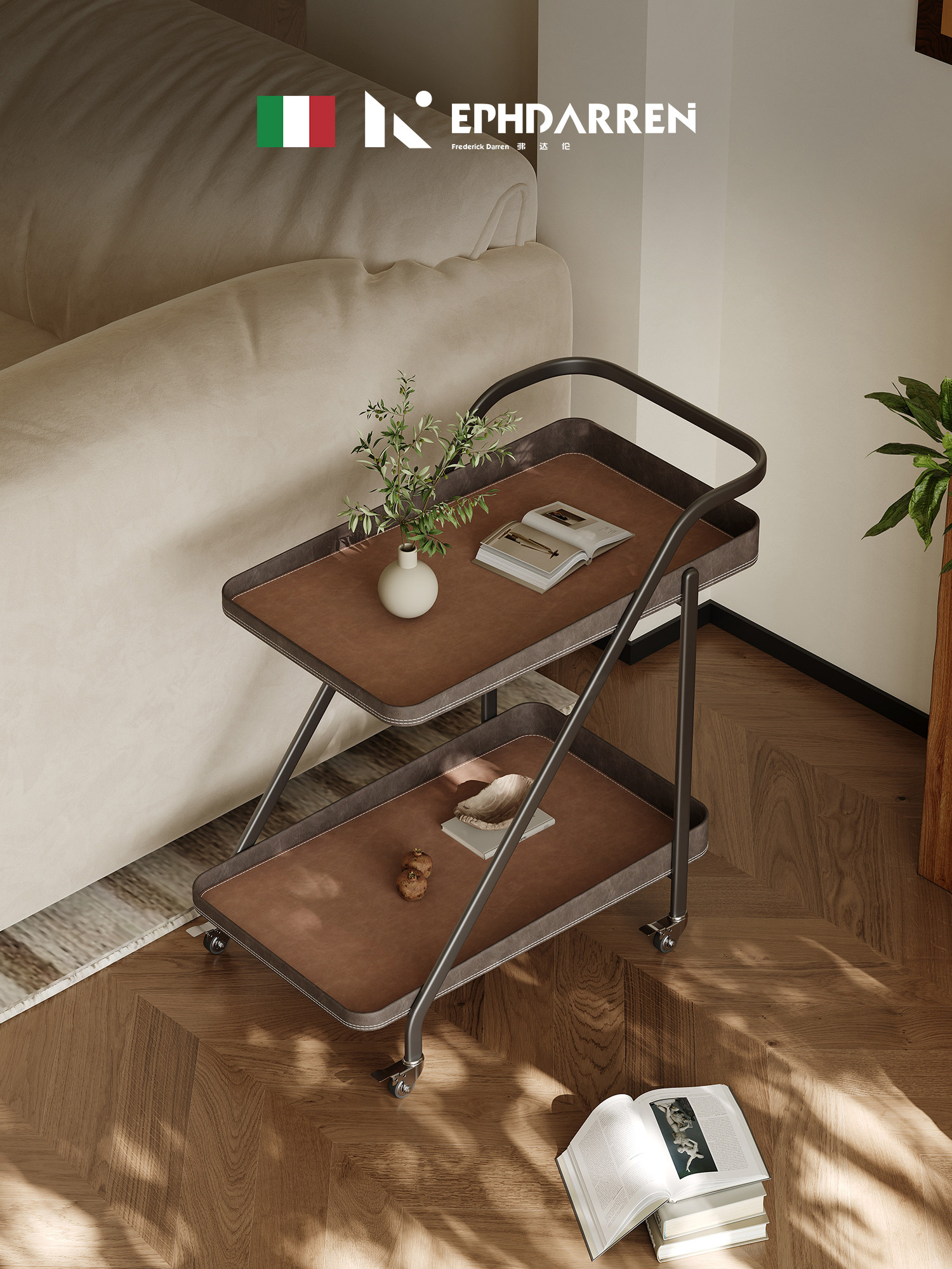 意式极简小推车沙发边几可移动轻奢高级感不锈钢设计师马鞍皮餐车
