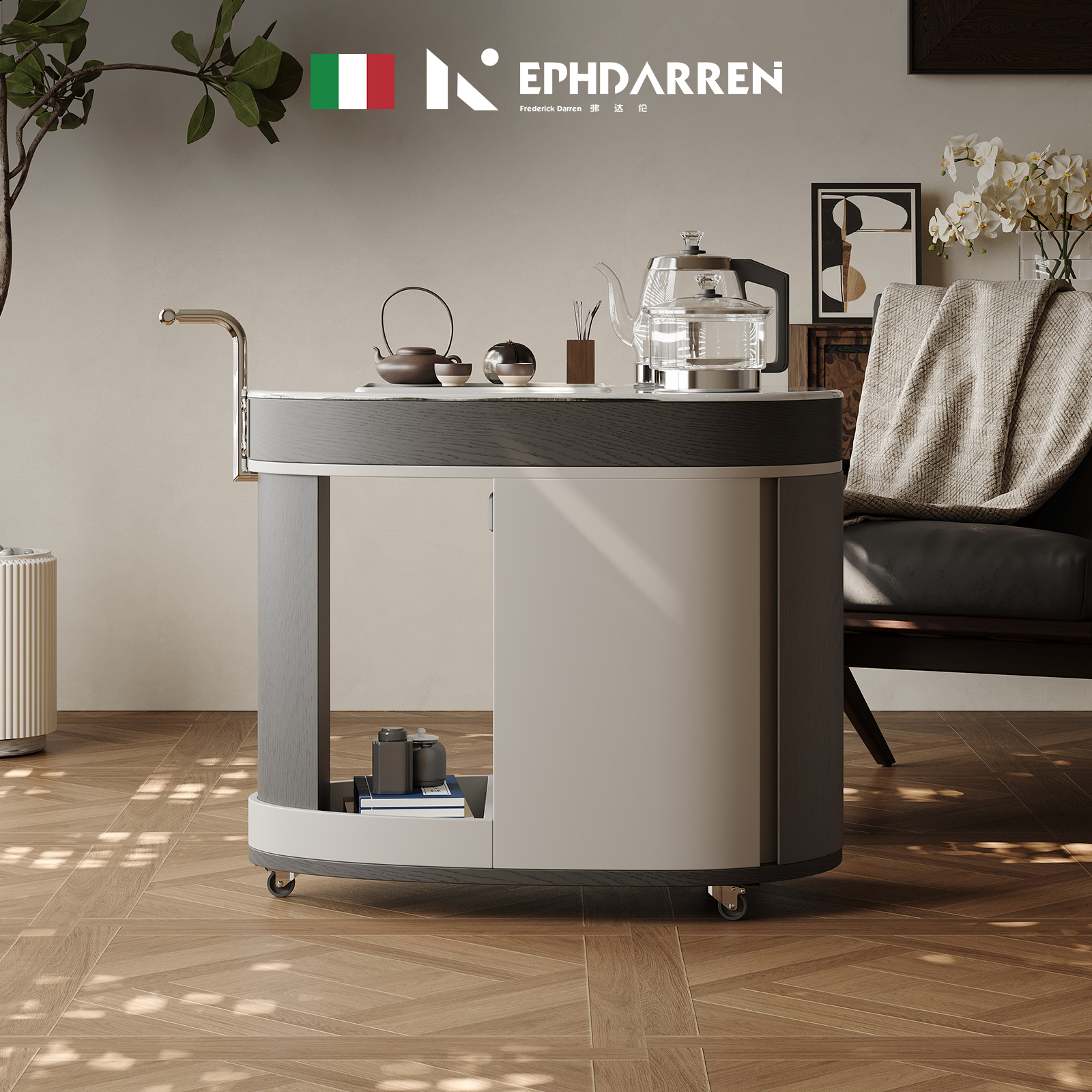 意式可移动茶台带烧水壶岩板茶几异形阳台客厅小推车茶桌边几柜