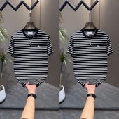 透气半袖 2025年夏季 ins 时尚 休闲薄款 条纹撞色圆领短袖 T恤上衣男士