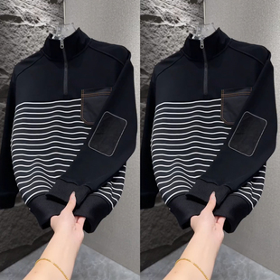 2025秋冬季新款时尚百搭潮流条纹卫衣男士立领半拉链加绒加厚上衣