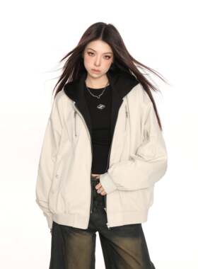 BIGGOLD飞行员假两件连帽夹克外套女春秋高级感痞帅情侣棒球服潮