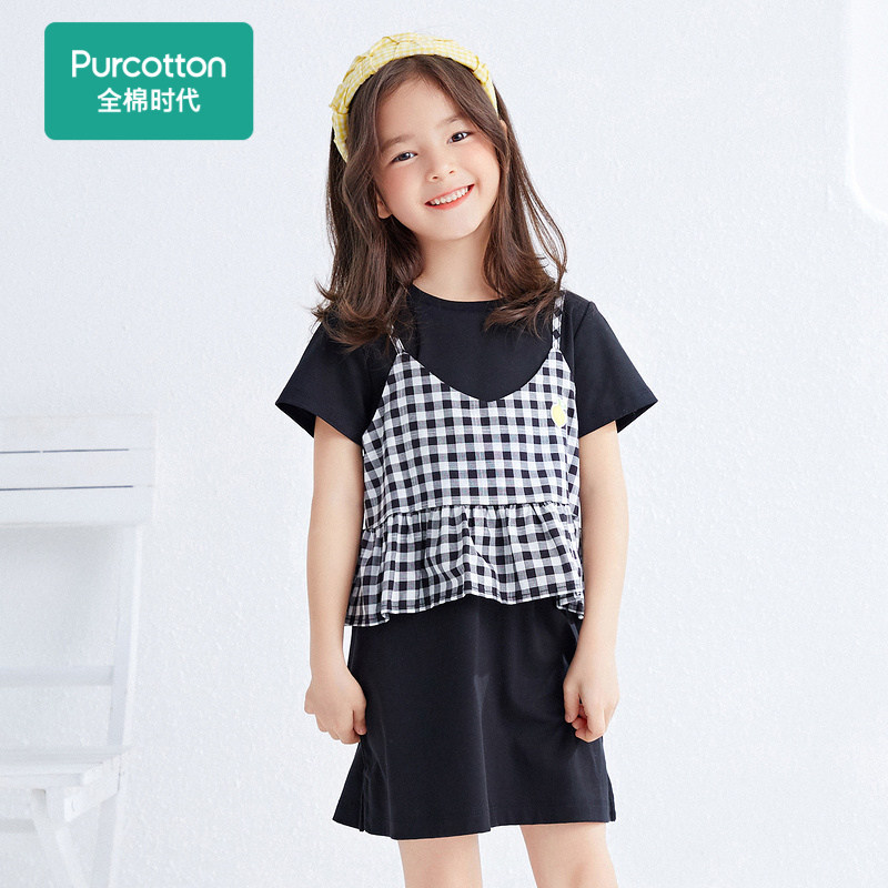 全棉时代童装女童针织连衣裙2022夏季儿童女宝拼撞假两件短袖裙子