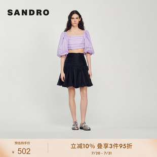 Outlets女装 SANDRO 春夏郁金香穿搭方领条纹亚麻短上衣SFPTO00585