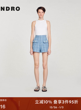 SANDRO Outlets秋冬女装法式气质时尚蓝色高腰双口袋粗花呢短裤