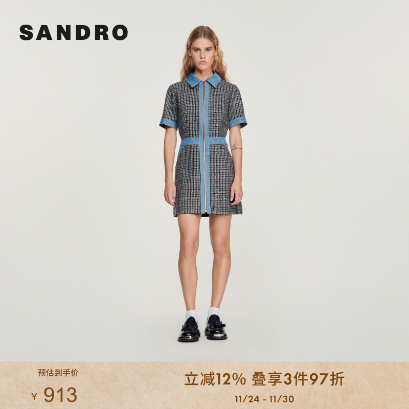 法式气质牛仔拼接格纹连衣裙