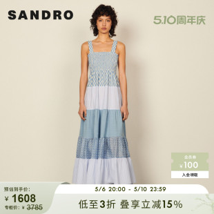 抽褶印花荷叶边下摆拼接吊带连衣裙SFPRO02416 SANDRO Outlet女装