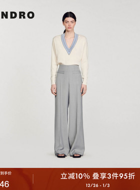 SANDRO Outlets秋冬女装法式口袋盖拉链浅灰色垂感高腰阔腿长裤
