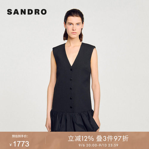 线上专享SANDRO Outlets女装法式时尚竖排扣无袖花苞连衣裙