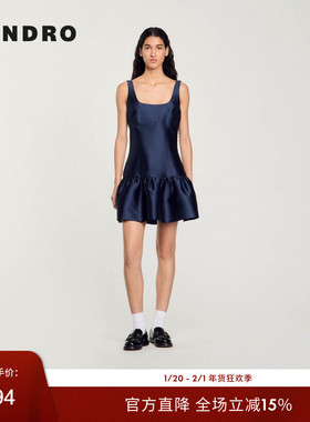 SANDRO Outlets秋冬女装时尚气质深蓝色光泽感花苞蓬松吊带连衣裙