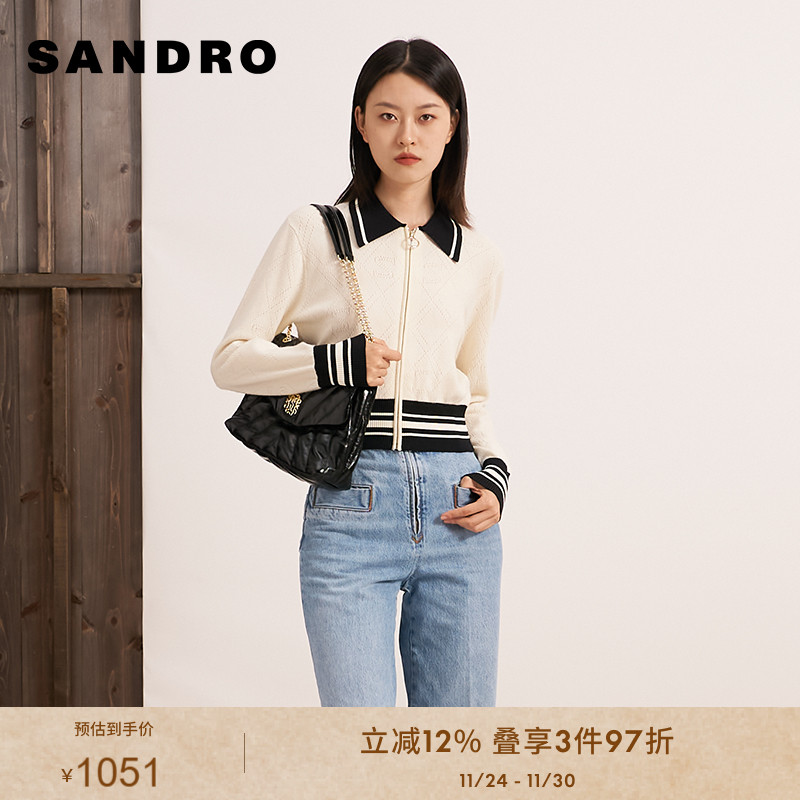 SANDRO早秋黑白撞色翻领拉链上衣