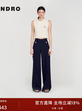 SANDRO Outlets秋冬女装法式通勤羊毛混纺深蓝色高腰阔腿西装长裤