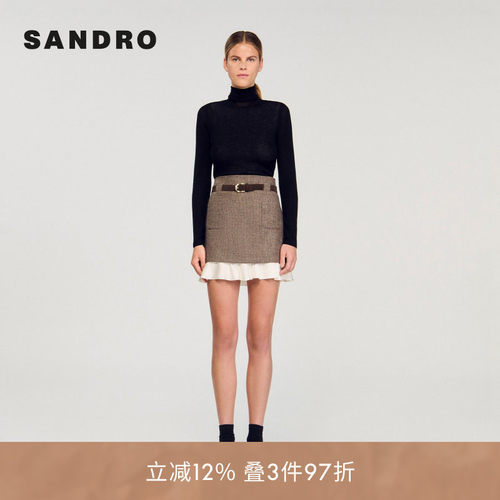 SANDRO Outlets女装法式棕色格纹白色拼接花边裙摆半身短裙