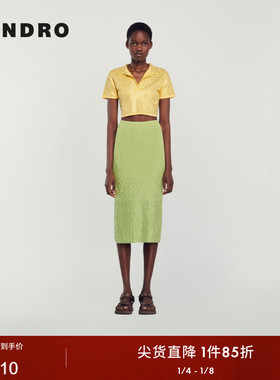 SANDRO Outlets春秋款法式时尚气质亮黄色仿钻短袖翻领针织衫上衣