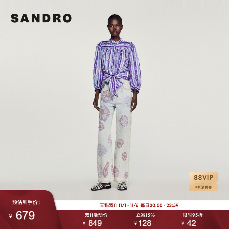 SANDRO Outlets春夏女装法式复古桑蚕丝紫色条纹图案印花短款衬衫