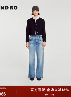 SANDRO Outlets秋冬女装法式时尚优雅扣饰黑色花呢短款外套上衣