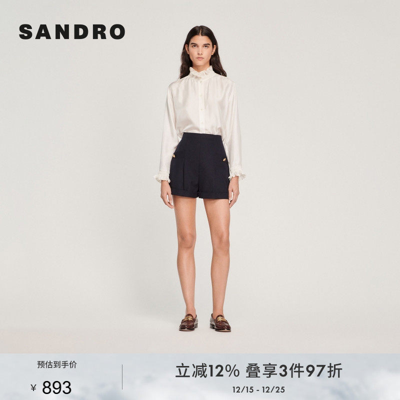 双纽扣棉羊毛混纺 褶皱设计大气时尚短裤