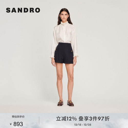 双纽扣棉羊毛混纺 褶皱设计大气时尚短裤