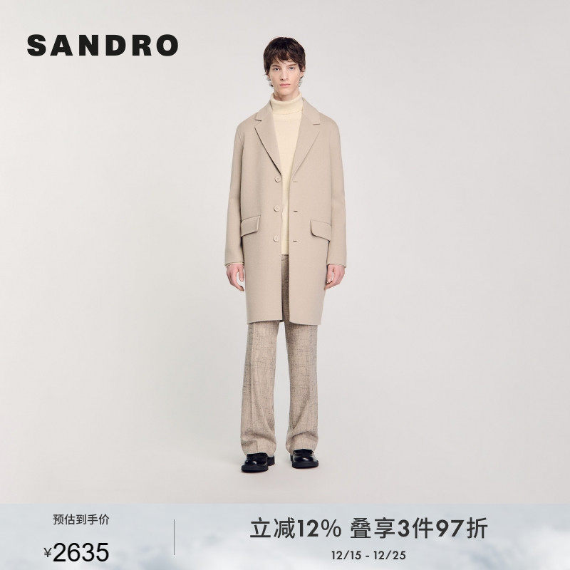 SANDRO Outlets秋冬男装法式气质时尚绵羊毛平驳领大衣毛呢外套