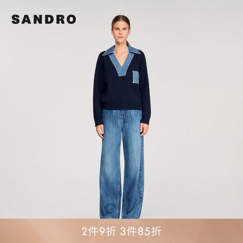SANDRO Outlets女装法式时尚深蓝色拼接牛仔翻领长袖短款针织卫衣