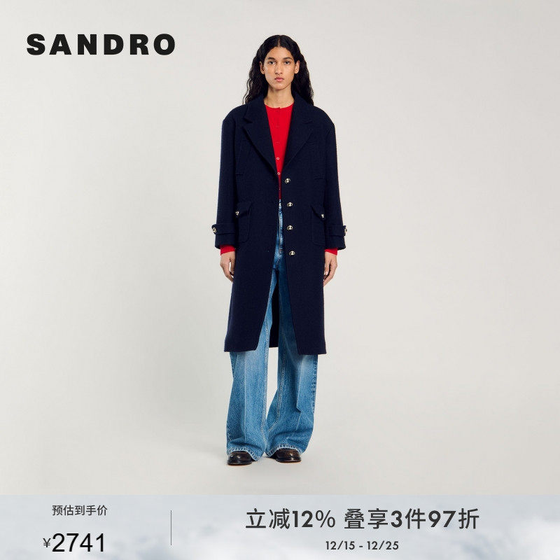 SANDRO Outlets秋冬女装法式高知风通勤毛呢深蓝色中长款大衣外套