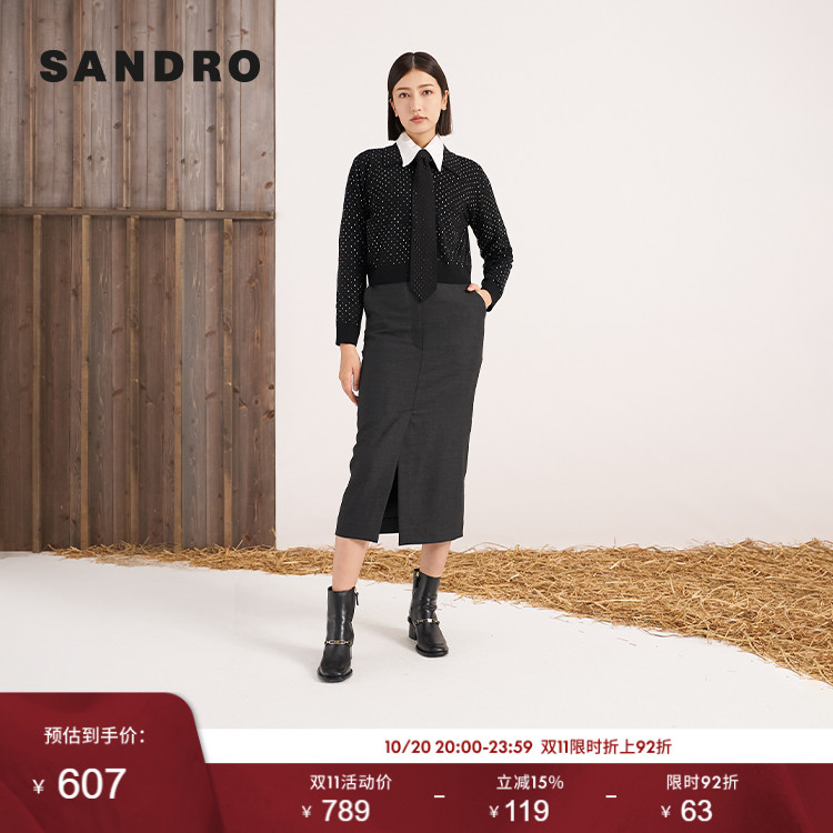 SANDRO法式饰钻翻领短款针织上衣