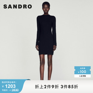 长袖 SANDRO Outlet女装 气质珍珠饰黑色修身 针织连衣裙SFPRO02593