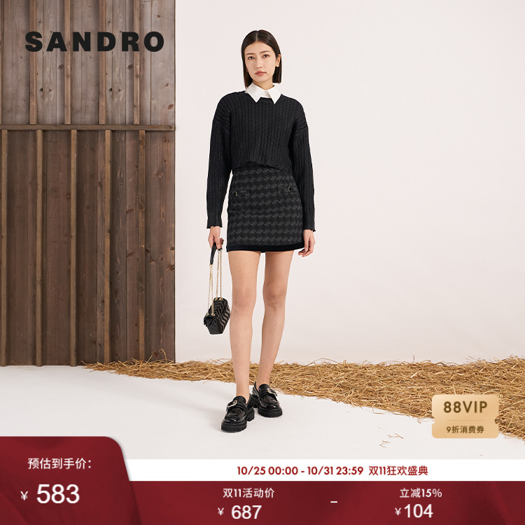 SANDRO短款圆领黑色毛衣针织