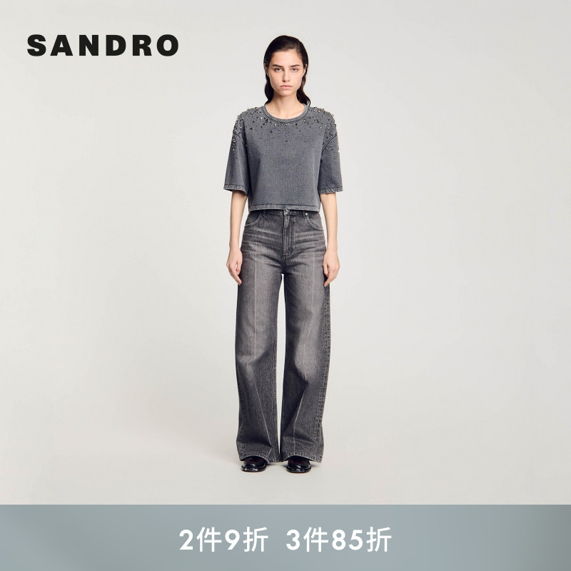 SANDRO Outlets秋冬女装休闲仿钻灰色圆领棉质牛仔短袖宽松T恤