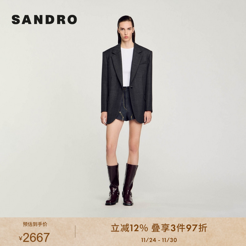 SANDRO Outlets秋冬女装法式气质时尚绵羊毛复古格纹短款西装外套