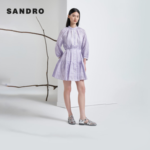 SANDROOutlet夏季女装法式优雅紫色亚麻衬衫式连衣裙SFPRO02904