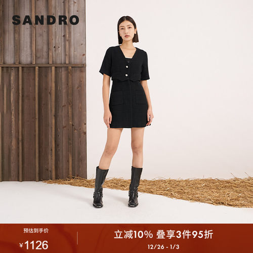 SANDRO法式V领黑色连衣裙