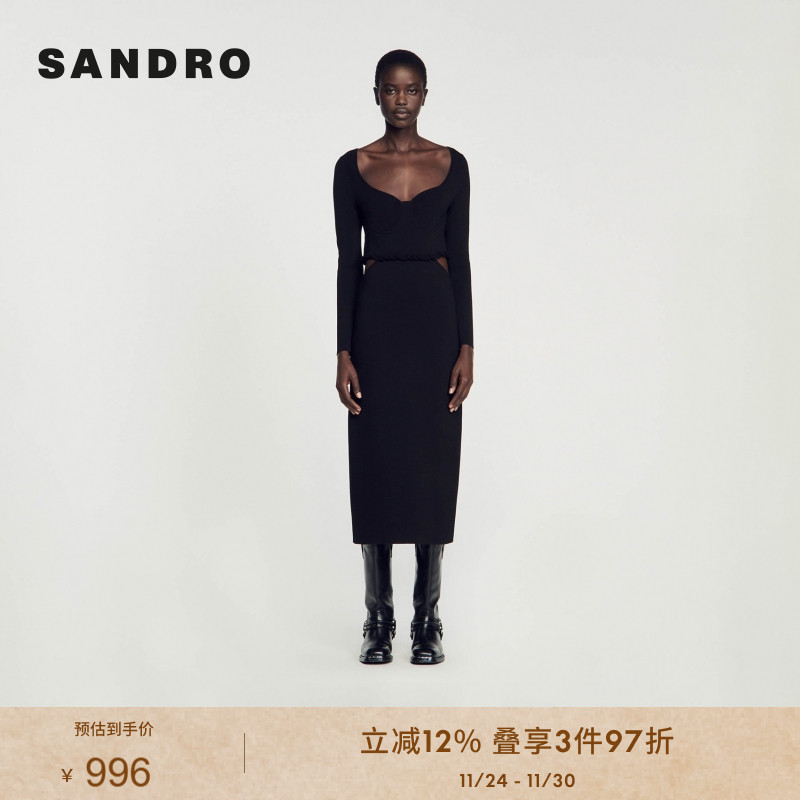 优雅气质黑色低领长款连衣裙