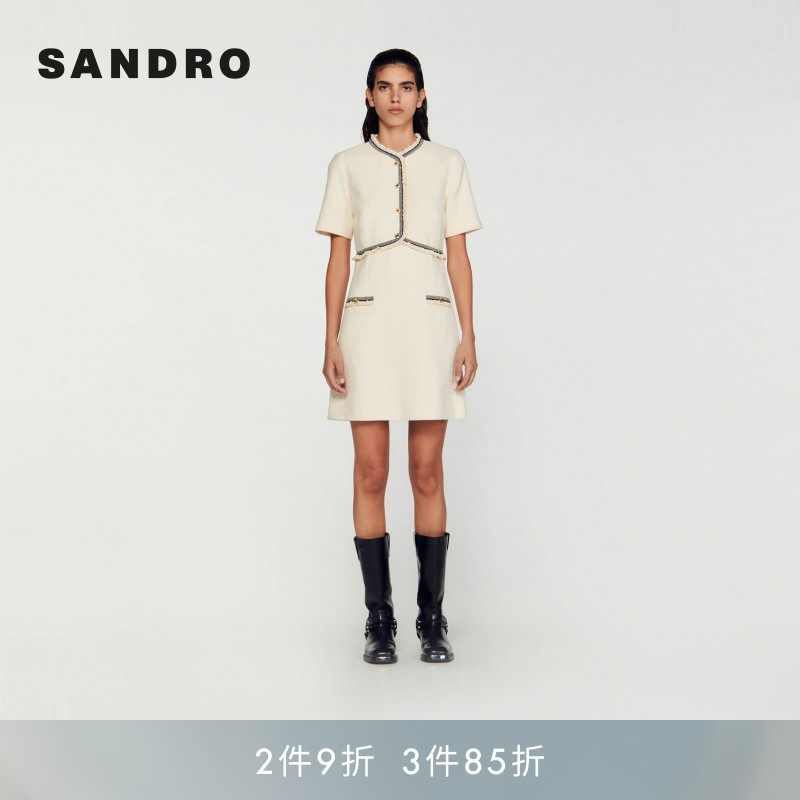 SANDRO Outlets秋冬女装经典款气质时尚白色花边领口花呢连衣裙