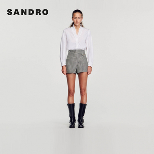 黑白色千鸟格高腰设计感短裤 SANDRO 气质时尚 法式 Outlets春夏女装