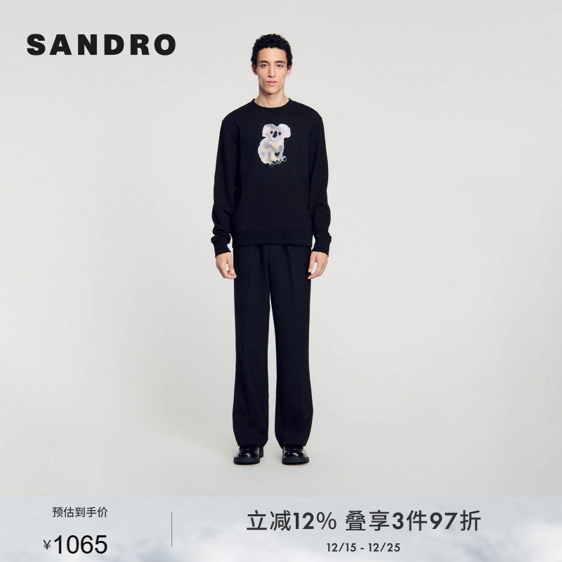 SANDRO Outlets秋冬男装男女同款法式休闲棉质黑色圆领考拉卫衣