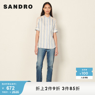 Outlet女装 春季 法式 上衣SFPCM00564 SANDRO 复古蕾丝镂空短袖 衬衫