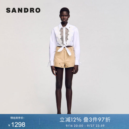 SANDRO Outlets夏季女装法式时尚气质休闲V形镂空系带棉质衬衫