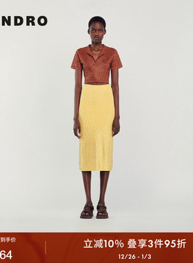 SANDRO Outlets秋冬女装法式时尚气质黄色仿钻直筒长款包臀半身裙