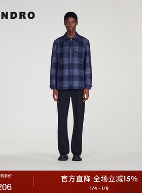 SANDRO Outlets秋冬男装法式休闲羊毛混纺蓝色撞色格纹翻领外套