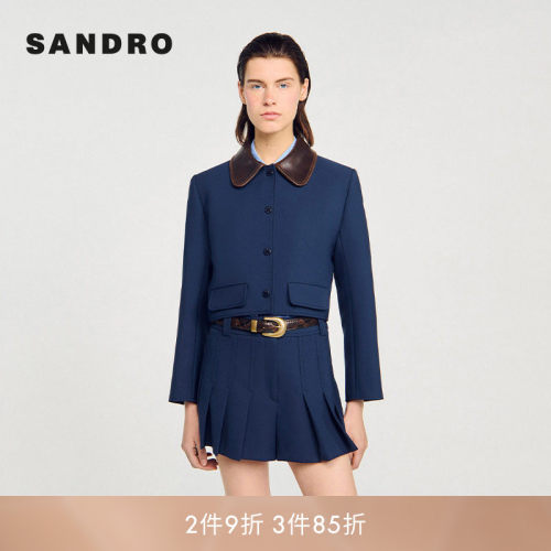 SANDRO Outlets 女装休闲深蓝色做旧皮革翻领撞色短款上衣外套